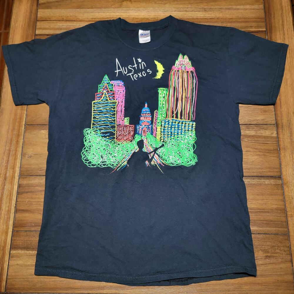 Austin Texas Black Unisex Tee (Gildan) Blacklight Design - Size Large